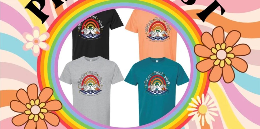 Four different color tee shirts with two swans on front.